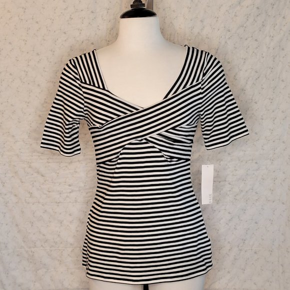 Elle, size L, front wrapped, mid-length sleeve, knit top blk/wht stripe. NWOT. - Picture 3 of 12